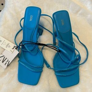 Zara Blue Strappy Rhinestone Sandal Heels. US Size 7.5 / EU Size 38